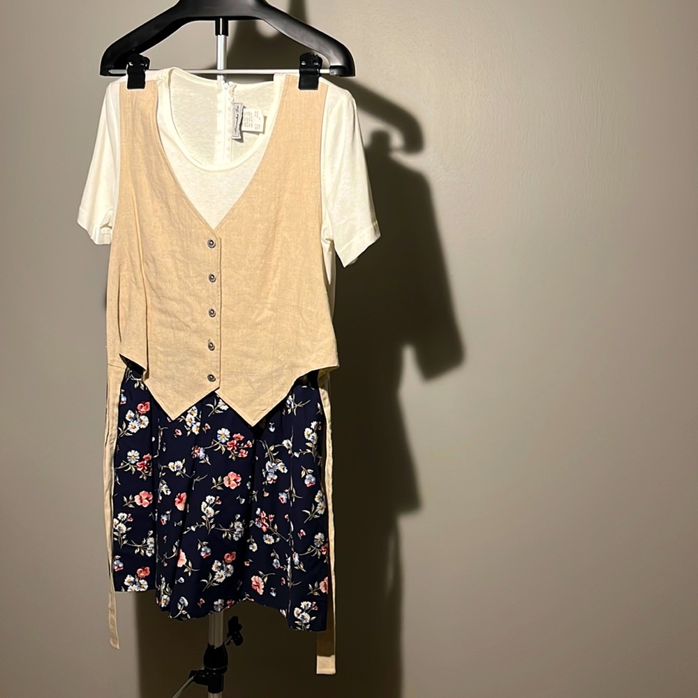 Two Toned Floral Dress with Attached Vest Overlay. Shoulder Pads Included.